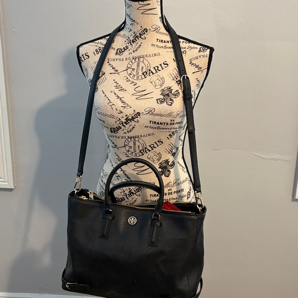 Tory Burch Black Leather Tote with Gold Details